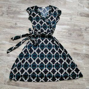 Olivia Matthews Womens Blue Geometric Sleeveless V-Neck Tie Dress Size Small